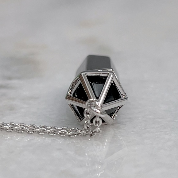 Black Agate Silvertone Crystal Point Pendant Necklace - Picture 5 of 9